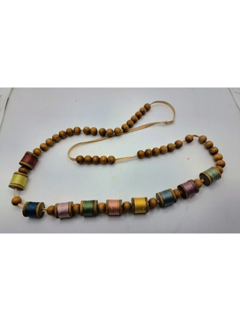 Vintage Wooden Spool String Sewing Thread Spools Necklace Costume Jewelry